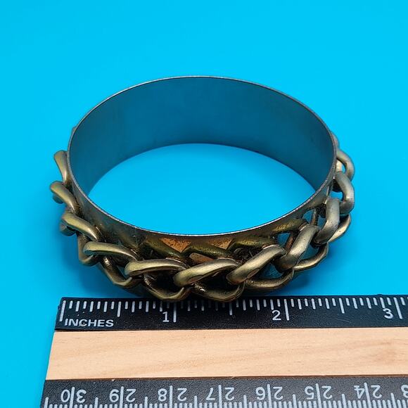 Vintage Distressed Gold Tone Bangle, Chain Attached, 7 7/8" - Picture 8 of 9